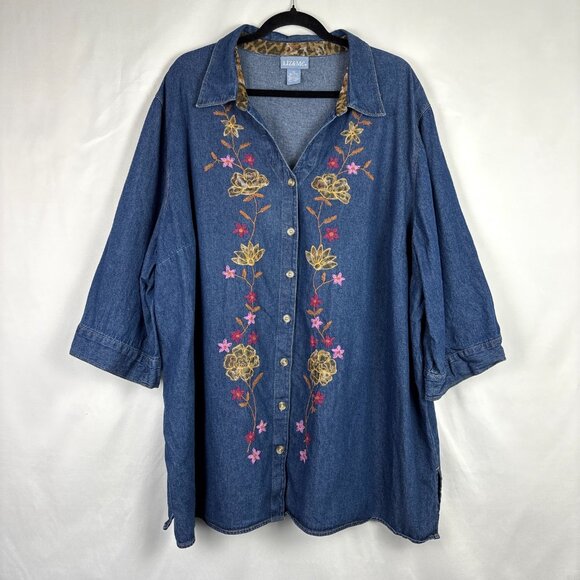 Liz & Me Embroidered Denim‎ Button-Up Top Women's 4X Floral Western Boho Shirt - Picture 2 of 16